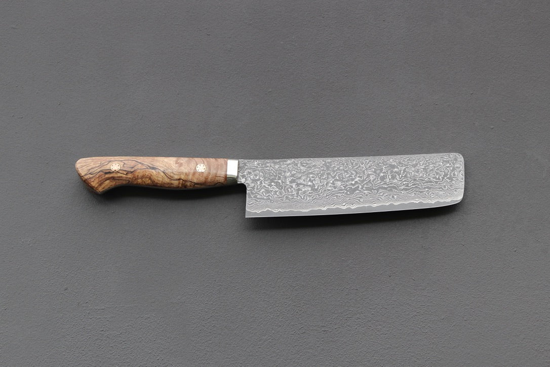 Shigeki Tanaka R2 Damascus Nakiri 170mm w/Custom Western Birch - Thecooksedges