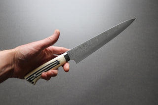 Takeshi Saji R2 Damascus Sujihiki 240mm Staghorn handle - Thecooksedges